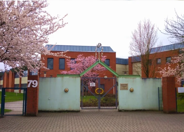 校門付近の桜と校舎の写真