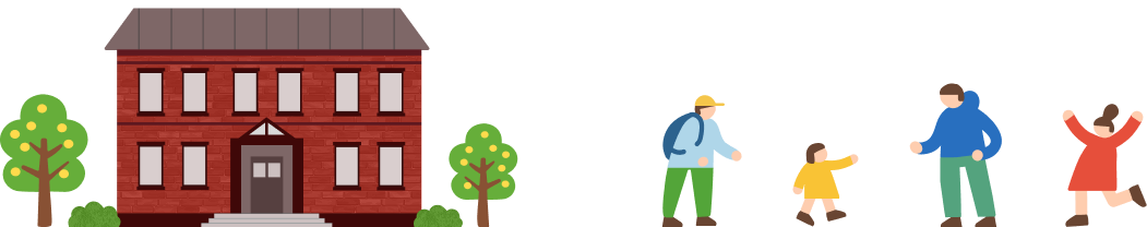 校舎と子どもたちのイラスト