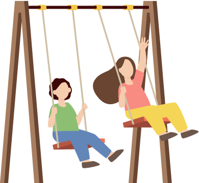 学校のブランコで遊ぶ子供たちのイラスト